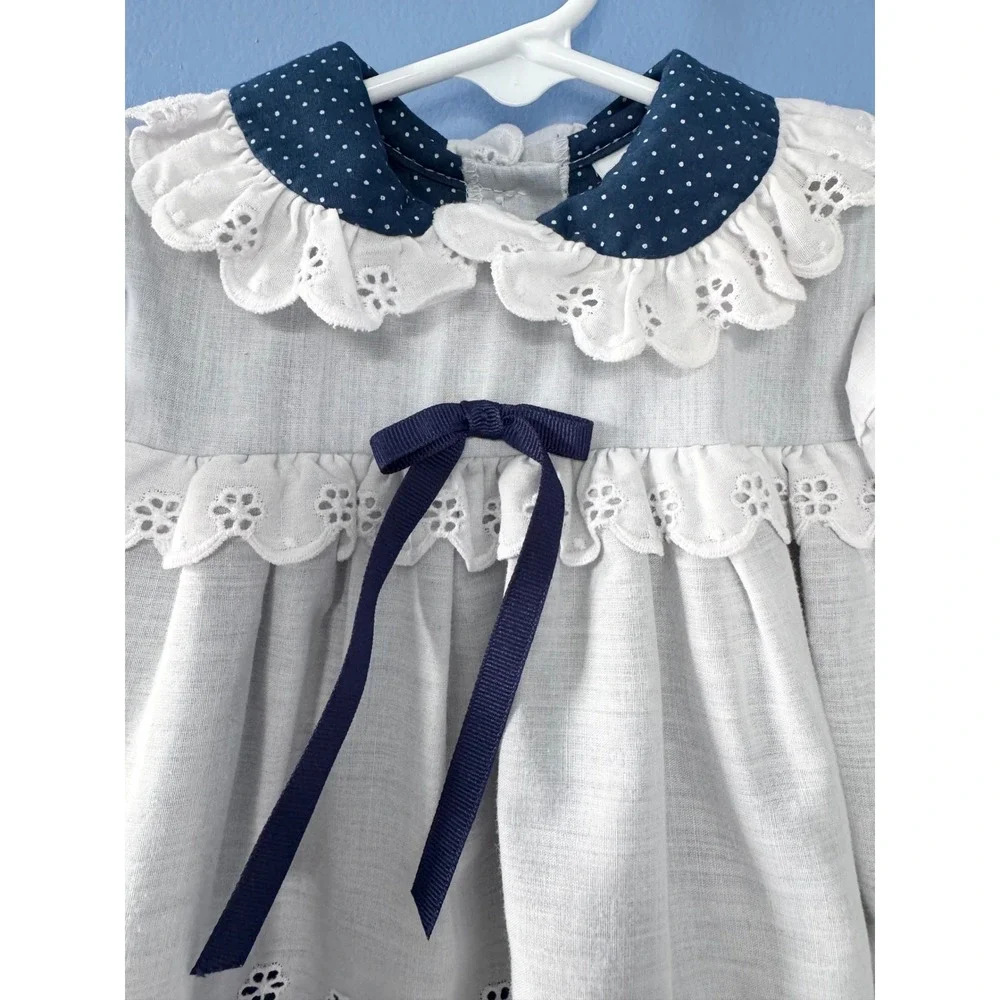 Vintage Alexis Girls Navy Blue Polka Dot Eyelet Lace Dress 18 Months Made in USA